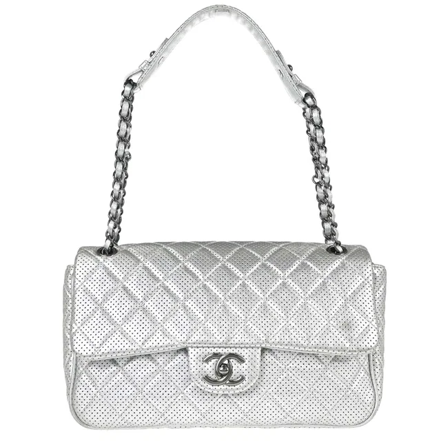 Chanel 2014 Silver Perforated Lambskin Handbag in Silver Lambskin from AMORE Vintage Tokyo