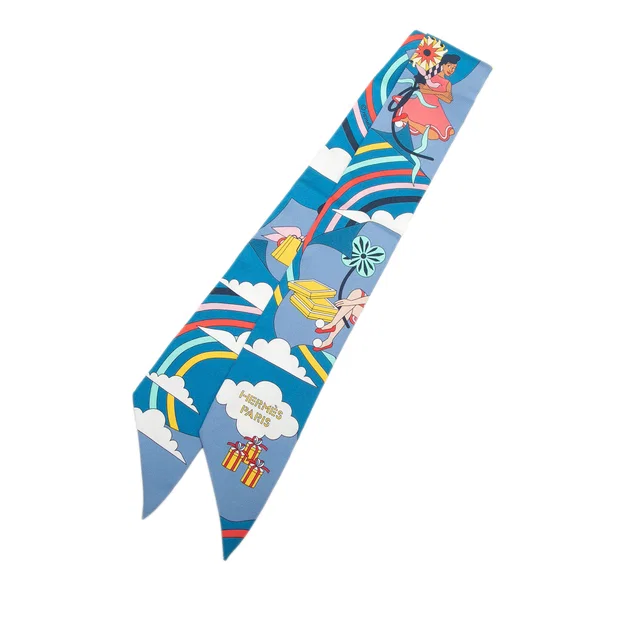 Blue Hermès Carres Volants Silk Twilly Scarf Scarves in Blue Silk from Designer Revival