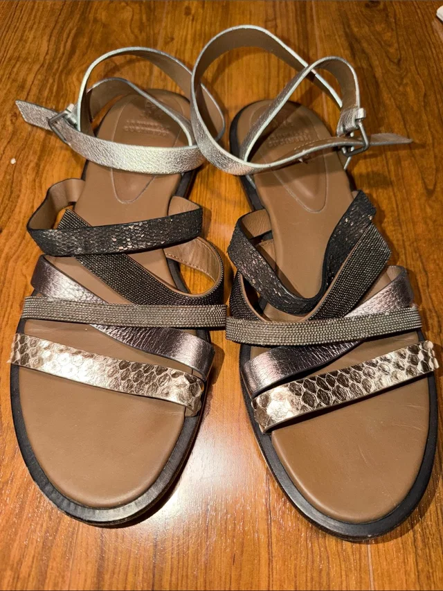 Brunello Cucinelli Metallic Multi-Texture Strappy Sandals - Silver/Bronze in brown|silver|gray|red from Poshmark