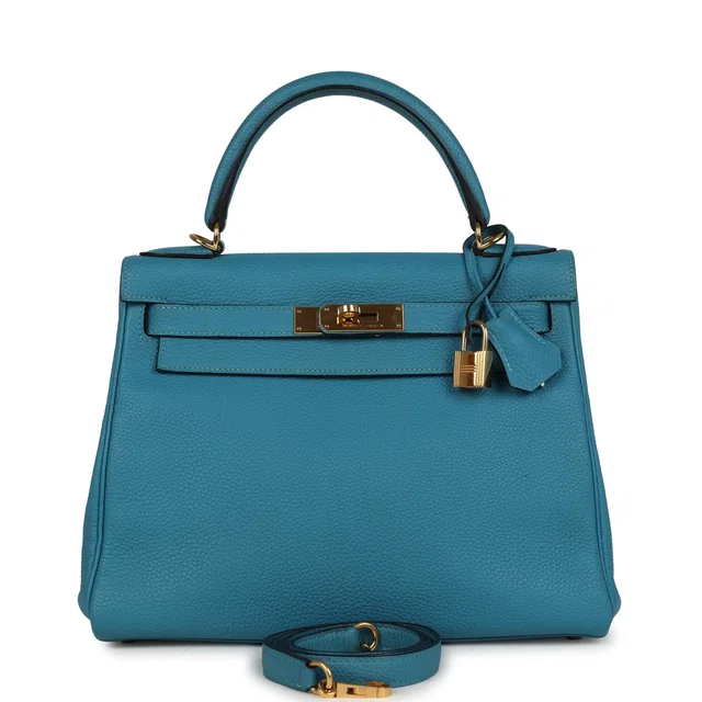 Hermès Kelly Retourne 28 Turquoise Togo Gold Hardware in Blue Togo leather from Madison Avenue Couture