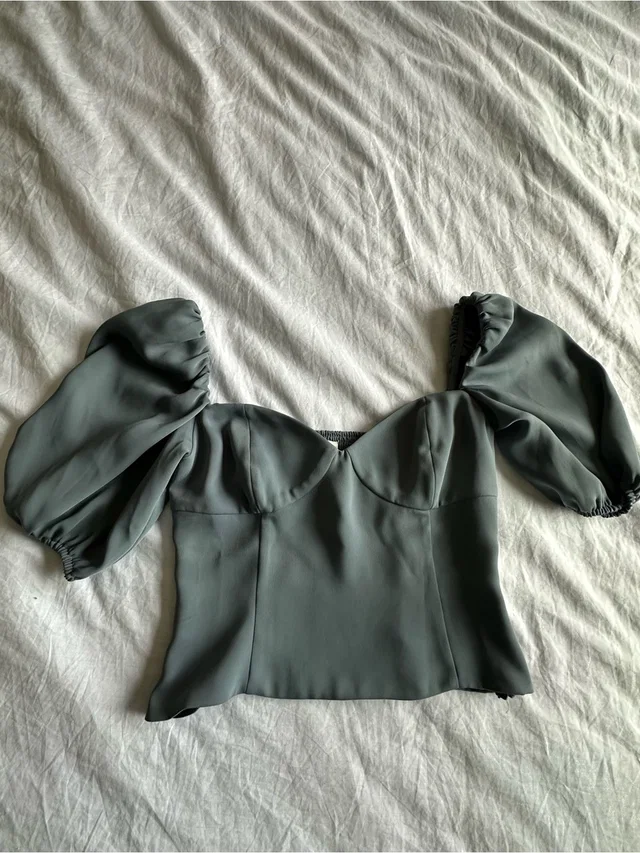 FRED Sage Green Puff Sleeve Sweetheart Crop Top in green from Poshmark
