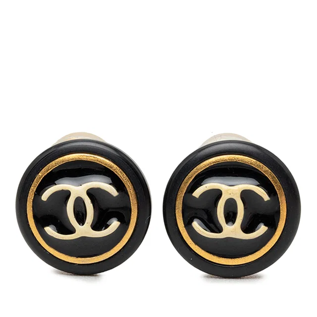 Chanel CC Resin and Gold Plated Button Clip On Earrings in Black Resin from Designer Revival