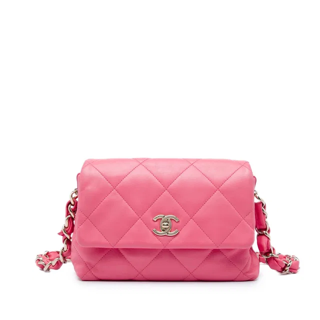Pink Chanel Small Quilted Lambskin Logo Chain Strap Flap Shoulder Bag in Pink Lambskin from Designer Revival