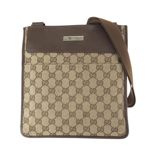 Gucci Beige Brown Silver GG Canvas Leather Shoulder Bag Pochette in Brown Canvas from The Reluxe