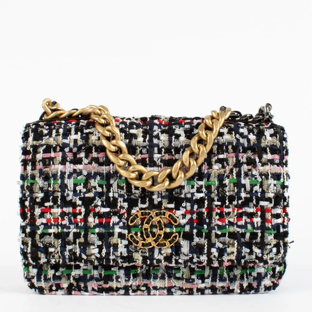 Tweed Sequin Chanel 19 Wallet On Chain in Tweed from Labellov