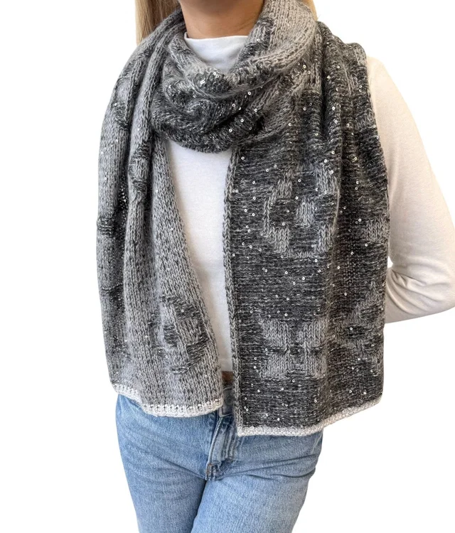 Louis Vuitton Vintage Monogram Logo Knit Sequins Scarf Muffler Wrap Gray Mohair in Grey from Luxury Promise