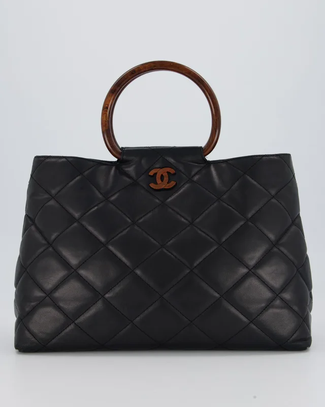 Chanel Vintage Black Quilted Lambskin Leather Tote Bag with Wooden CC and Handle Detail from Sellier