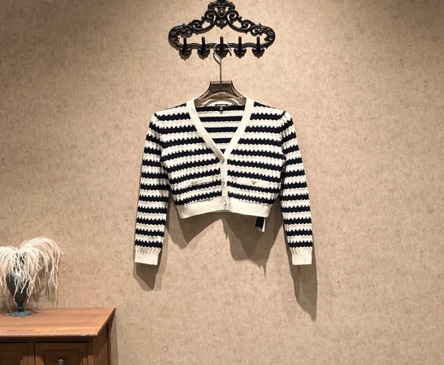 Chanel Blue and White Striped Sequined Knit Cardigan / Size 36 / 99% New / 42773 in White from Luxury Promise