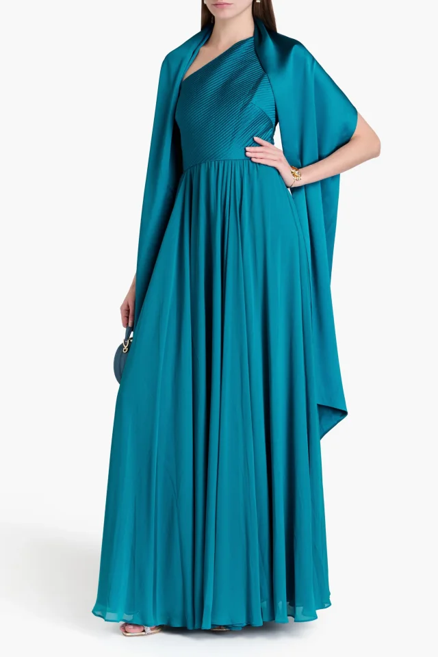 Badgley Mischka One-shoulder georgette-paneled satin gown, photo 2 of 5 from THE OUTNET