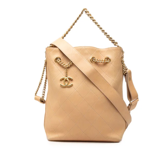 Beige Chanel Large CC Quilted Calfskin On My Shoulder Drawstring Bucket Bag Satchel in Beige Calfskin from Designer Revival, photo 1 of 1