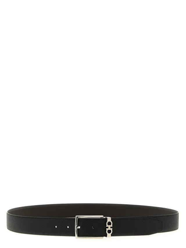Ferragamo Gancini Belt — Black Hammered Calf Leather in Black Calfskin from HEWI