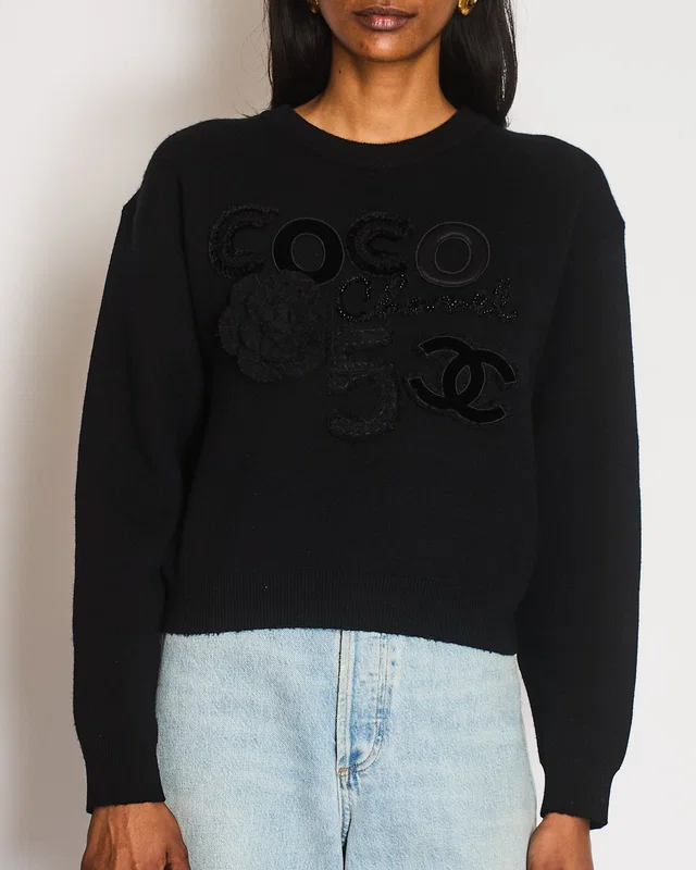 Black Cashmere Coco Sweater with Coco Chanel Embroidery and Tweed and Velours CC Logo and… in Black Tweed from Sellier
