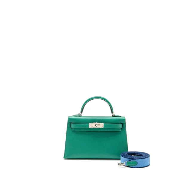 Hermès Mini Kelly II Epsom with Sangle Wooly Bicolour Strap Vert Jade/Bleu Paradis-Saphir SHW Stamp U in Blue Epsom leather from EMIER