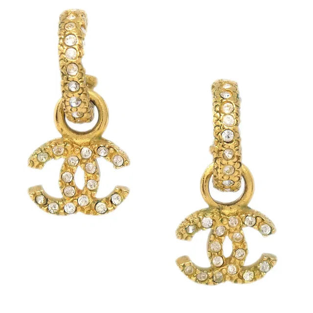 Chanel Dangle Pierced Earrings Rhinestone Gold 01P in Gold from AMORE Vintage Tokyo