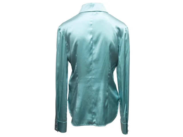 Aqua Chanel Silk Long Sleeve Button-Up Top Size FR 40 in Blue Silk from Designer Revival, photo 4 of 7