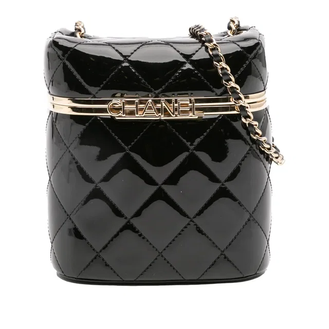 Black Chanel Quilted Patent Logo Chain Vanity Case in Black Patent leather from Designer Revival