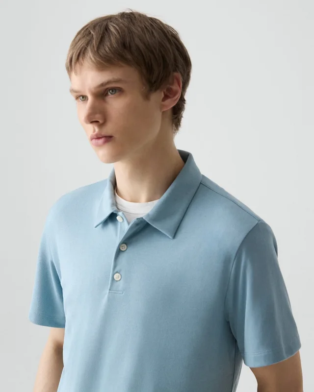 Theory Bron Polo Shirt in Anemone Modal Jersey in OCEAN AIR 67% Modal, 30% Polyester, 3% Spandex, photo 11 of 12 from Theory