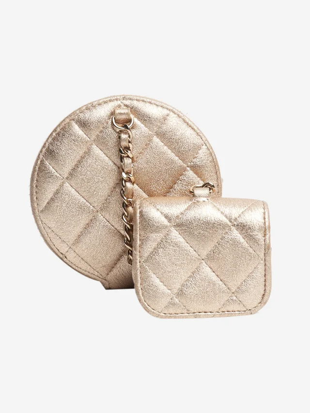 Chanel Gold metallic quilted lambskin pouch and Airpod case in Gold Lambskin from Sign of the Times