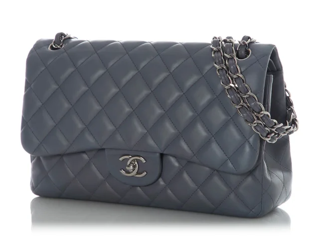 Chanel Jumbo Blue/Gray Quilted Lambskin Classic Double Flap in Blue Lambskin from Ann's Fabulous Finds, photo 4 of 10
