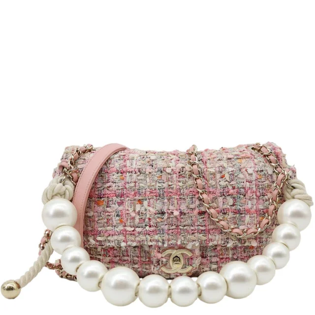 Chanel Pearl Flap Mini Tweed Top Handle Shoulder Bag Pink in Pink Tweed from Dallas Designer Handbags