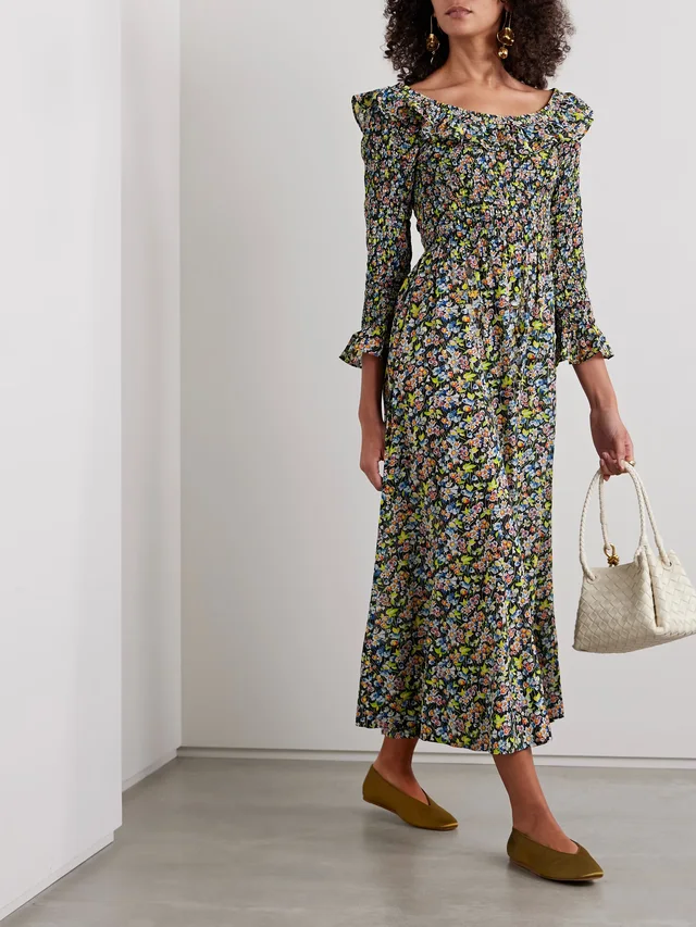 DÔEN Rosenda ruffled shirred floral-print organic cotton-blend voile midi dress in Green, photo 2 of 2 from NET-A-PORTER (Canada)