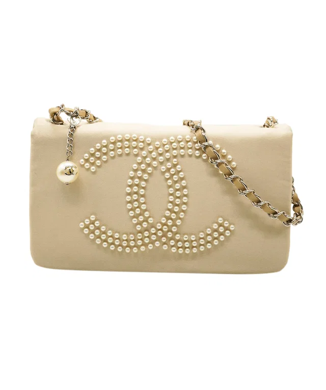 Chanel Satin Beige CC Pearl Clutch Shoulder Bag in Beige Satin from Luxury Promise