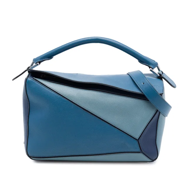 Blue LOEWE Medium Tricolor Calfskin Puzzle Satchel in Blue Calfskin from Designer Revival