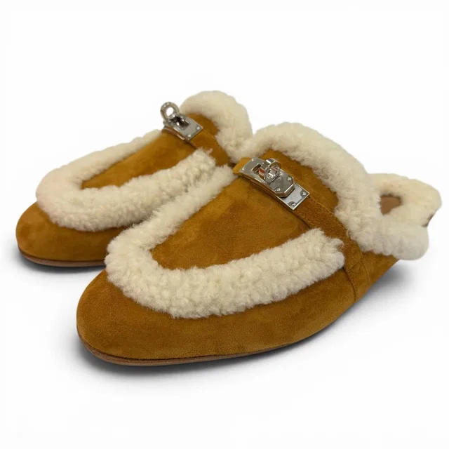 Hermès Oz Sheepskin Silver Kelly Buckle Shearling Mules Brown Box 37.5 in Brown from The Reluxe