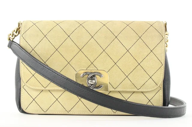 Chanel Beige Quilted Suede x Black Leather Classic Flap Bag in Black Suede from Bagriculture
