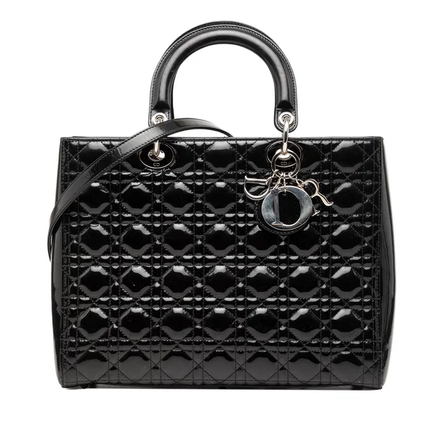 Black Dior Large Patent Cannage Lady Dior Satchel in Black Patent leather from Designer Revival