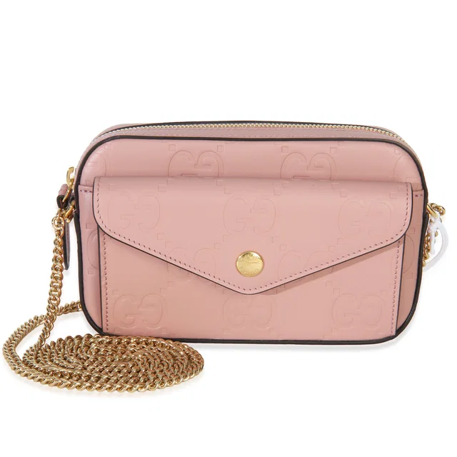 Gucci Light Pink Calfskin Debossed GG Super Mini Chain Wallet in Pink Calfskin from myGemma