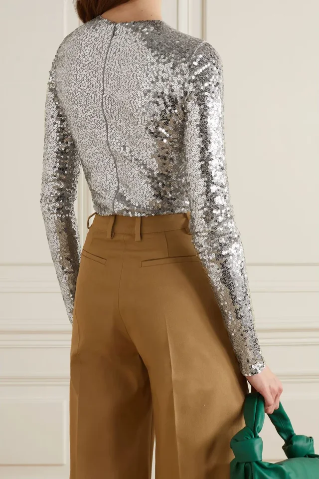 Valentino Garavani Sequined Jersey Bodysuit in Silver, photo 7 of 8 from THE OUTNET