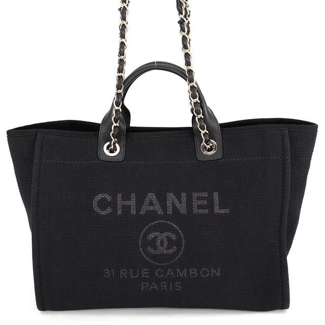 Chanel Tote Deauville Line CC Logo Canvas GM 2-Way Shoulder Bag Black in Black Canvas from The Reluxe
