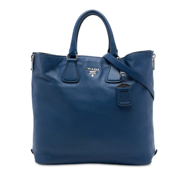 Blue Prada Vitello Daino Side Zip Open Convertible Tote Satchel in Blue Leather from Designer Revival