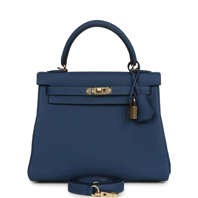 Hermès Kelly Retourne 25 Bleu Tie Togo Permabrass Hardware in Blue Togo leather from Madison Avenue Couture