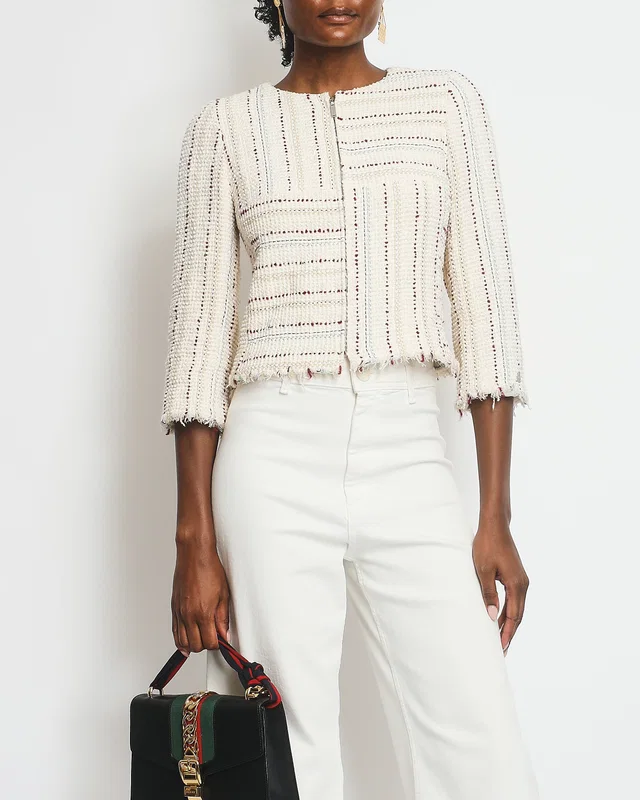 Chanel Cream, Blue and Red Tweed Zip Jacket with Cropped Sleeves Size FR 36 (UK 8) in White Tweed from Sellier