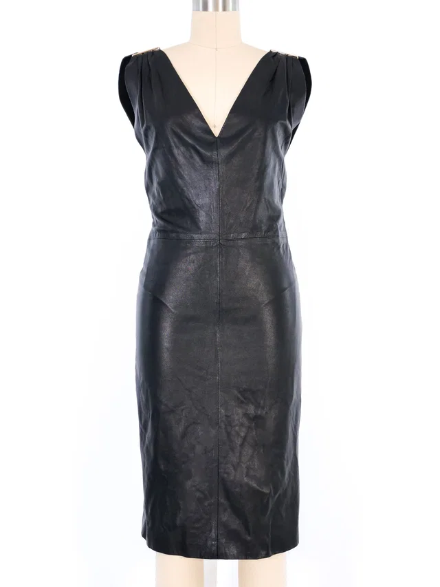 Versace V Neck Leather Dress in Leather from Arcade Vintage