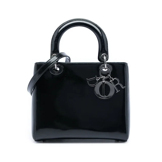 Black Dior Medium Patent Lady Dior Satchel in Black Patent leather from Designer Revival
