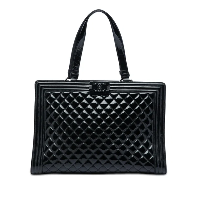 Black Chanel Large Quilted Patent Boy Shopping Tote in Black Patent leather from Designer Revival