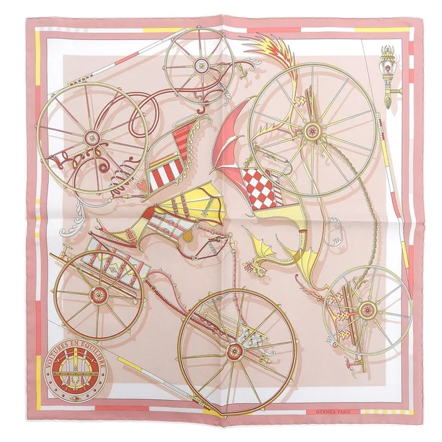 Hermès Carre 45 Voitures en Nquilibre Elaborate Carriage 100% Silk Scarf Pink in Pink Silk from The Reluxe