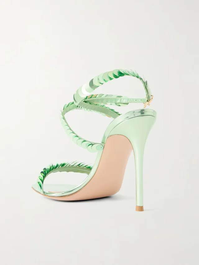 GIANVITO ROSSI 95 sequin-embellished metallic leather sandals in light green 90% Leather 10% Various Materials, photo 3 of 5 from NET-A-PORTER (Canada)