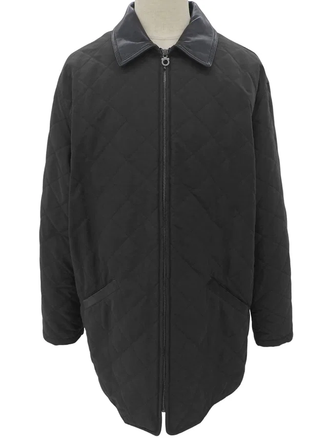 Ferragamo Gancini Zip-Up Quilted Coat #50 Black in Black Nylon from VINTAGE QOO TOKYO