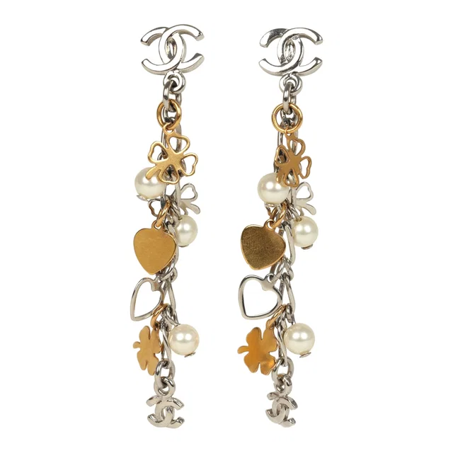 Chanel CC Clovers & Hearts Dangle Earrings Mixed Metal Hardware from Madison Avenue Couture