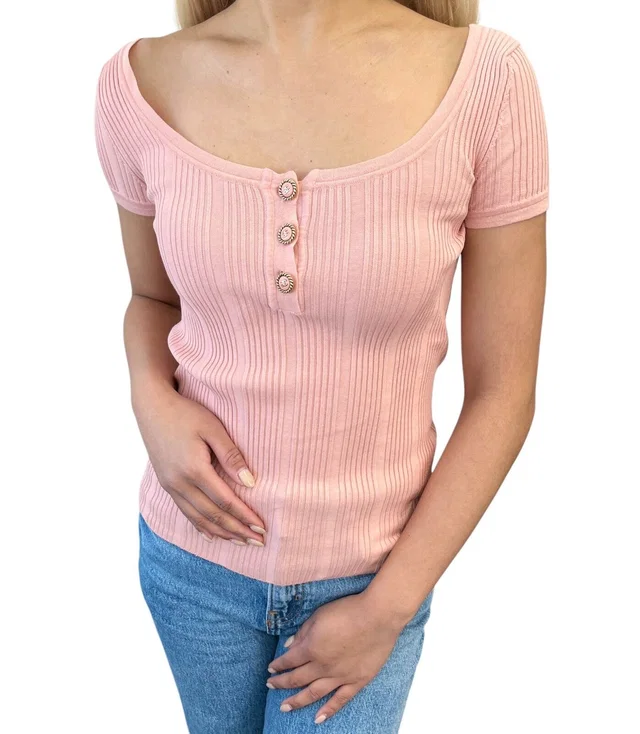 Chanel Vintage 07P CC Mark Logo Rib Knit Top #S Pink Gold Cotton Button in Pink from Luxury Promise