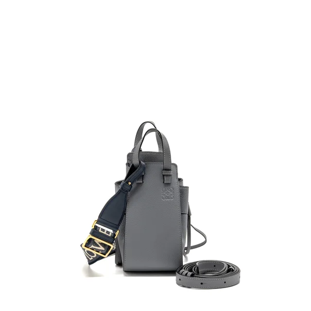 Loewe Mini Hammock Drawstring Bag Grained Calfskin Grey GHW in Grey Caviar leather from EMIER