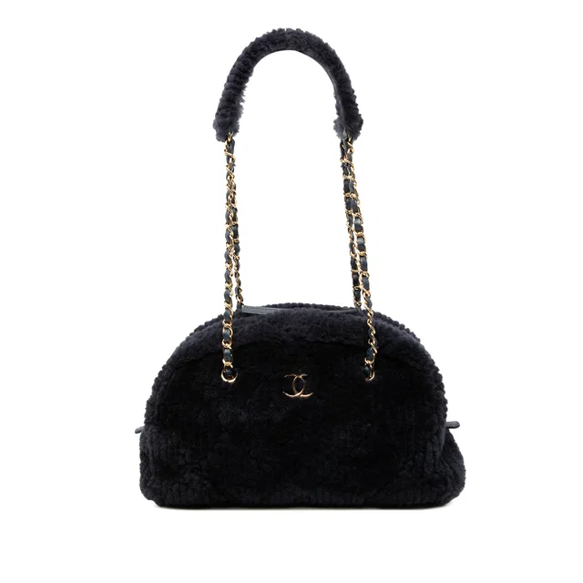 Blue Chanel Coco Neigh Large Quilted Shearling Bowling Bag in Blue Woven leather from Designer Revival