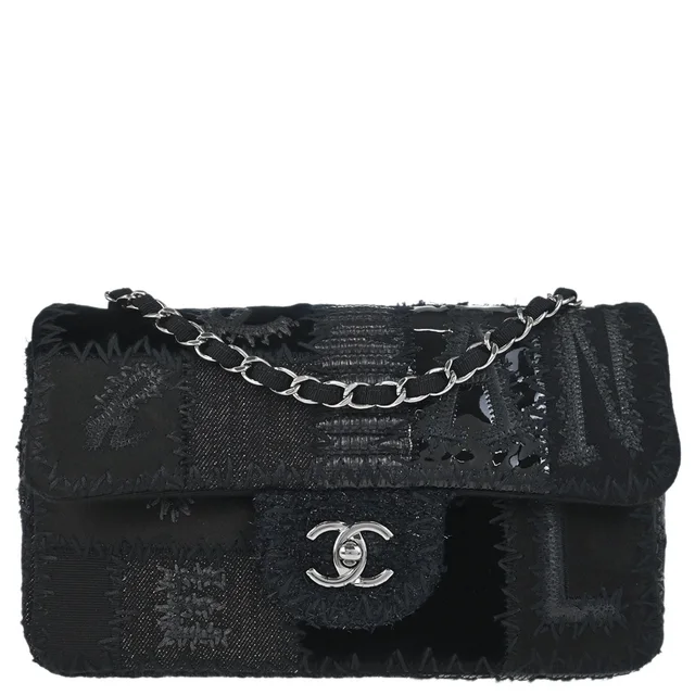 Chanel 2018 Black Denim Tweed Patchwork Single Flap Shoulder Bag in Black Tweed from AMORE Vintage Tokyo