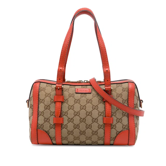 Beige Gucci Small GG Canvas Belted Boston Bag Satchel in Beige Canvas from Designer Revival