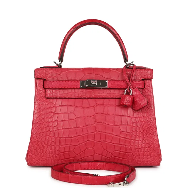 Hermès Kelly Retourne 28 Rose Extreme Matte Alligator Palladium Hardware in Pink Crocodile from Madison Avenue Couture