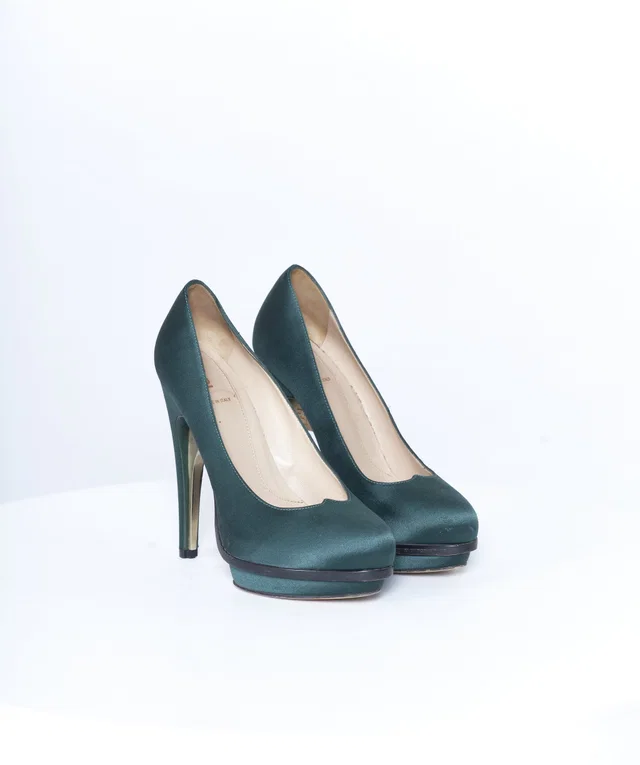 Fendi Green Satin Heels Size 37.5 in Green Satin from Luxury Promise